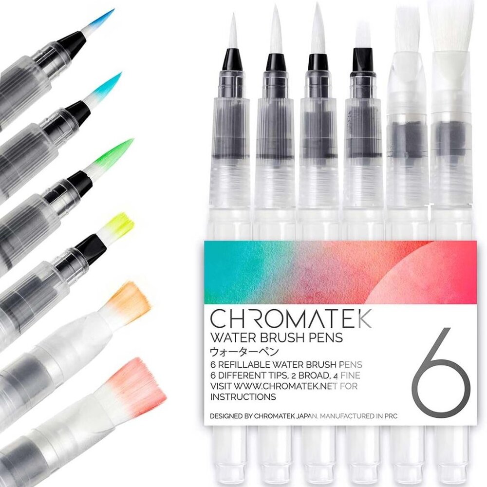 AquaPens. Set of 6 Refillable Aqua Watercolor Brushes with Nylon Tips. Easy Wate